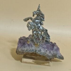 Pewter Unicorn Figurine on Amethyst Crystal Cluster Acrylic Base 3"x2"